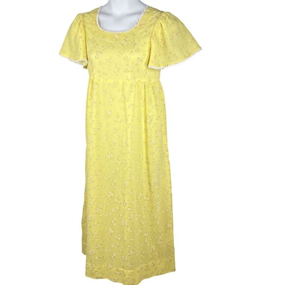 70s Yellow S Floral Textured Empire Waist Maxi Dress Flutter Sleeves Cottagecore - Picture 9 of 16
